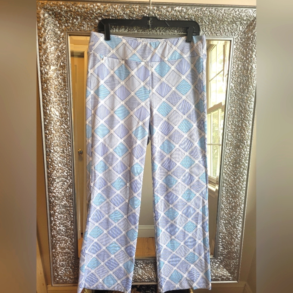 J.McLaughlin Catalina Cloth Pants Size L Blue Geometric Pull On Stretch.